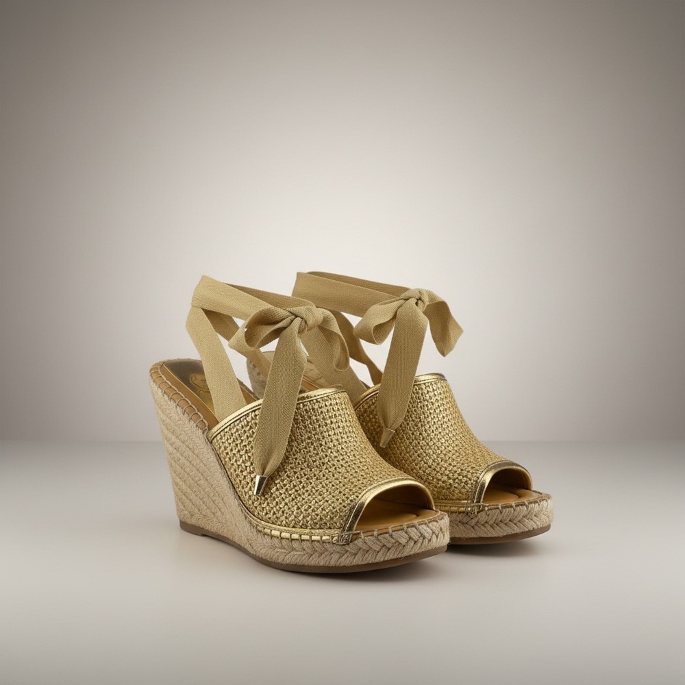 Franco Sarto Size 6 Gold Woven Espadrille Wedge Ankle Wrap with box